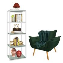 Kit Poltrona Fatte com Manta Soft Verde e Estante Livreiro Ferro Branco MDF Verde Oliva Suede Verde Musgo - Ahazzo Móveis