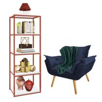 Kit Poltrona Fatte com Manta Soft Verde e Estante Livreiro Ferro Bronze MDF Branco Suede Azul Marinho - Ahazzo Móveis