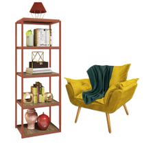 Kit Poltrona Fatte com Manta Soft Verde e Estante Livreiro Ferro Bronze MDF Caramelo Suede Amarelo - Ahz Móveis