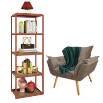 Kit Poltrona Fatte com Manta Soft Verde e Estante Livreiro Ferro Bronze MDF Carvalho Suede Bege - Ahazzo Móveis