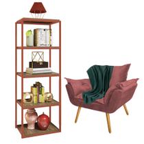 Kit Poltrona Fatte com Manta Soft Verde e Estante Livreiro Ferro Bronze MDF Castanho Suede Rose Gold - Ahazzo Móveis