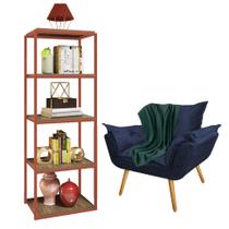 Kit Poltrona Fatte com Manta Soft Verde e Estante Livreiro Ferro Bronze MDF Freijó Suede Azul Marinho - Ahazzo Móveis