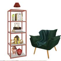 Kit Poltrona Fatte com Manta Soft Verde e Estante Livreiro Ferro Bronze MDF Marmorizado Cinza Suede Verde Musgo - Ahz Móveis