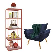 Kit Poltrona Fatte com Manta Soft Verde e Estante Livreiro Ferro Bronze MDF Rose Suede Azul Marinho - Ahazzo Móveis