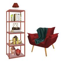 Kit Poltrona Fatte com Manta Soft Verde e Estante Livreiro Ferro Bronze MDF Rose Suede Vermelho - Ahz Móveis