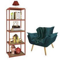 Kit Poltrona Fatte com Manta Soft Verde e Estante Livreiro Ferro Bronze MDF Rústico Suede Azul Turquesa - Ahazzo Móveis