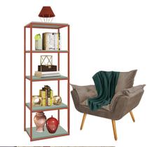 Kit Poltrona Fatte com Manta Soft Verde e Estante Livreiro Ferro Bronze MDF Verde Oliva Suede Bege - Ahazzo Móveis