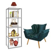 Kit Poltrona Fatte com Manta Soft Verde e Estante Livreiro Ferro Cinza MDF Branco Suede Azul Turquesa - Ahazzo Móveis