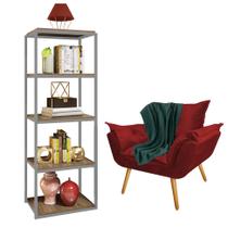 Kit Poltrona Fatte com Manta Soft Verde e Estante Livreiro Ferro Cinza MDF Caramelo Suede Vermelho - Ahz Móveis