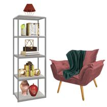 Kit Poltrona Fatte com Manta Soft Verde e Estante Livreiro Ferro Cinza MDF Marmorizado Cinza Suede Rose Gold - Ahazzo Móveis