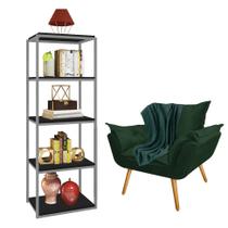 Kit Poltrona Fatte com Manta Soft Verde e Estante Livreiro Ferro Cinza MDF Preto Suede Verde Musgo - Ahazzo Móveis