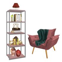 Kit Poltrona Fatte com Manta Soft Verde e Estante Livreiro Ferro Cinza MDF Rose Suede Rose Gold - Ahz Móveis