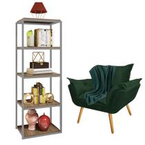 Kit Poltrona Fatte com Manta Soft Verde e Estante Livreiro Ferro Cinza MDF Rústico Suede Verde Musgo - Ahazzo Móveis