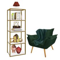 Kit Poltrona Fatte com Manta Soft Verde e Estante Livreiro Ferro Dourado MDF Branco Suede Verde Musgo - Ahazzo Móveis