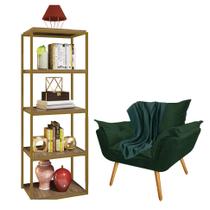 Kit Poltrona Fatte com Manta Soft Verde e Estante Livreiro Ferro Dourado MDF Caramelo Suede Verde Musgo - Ahz Móveis