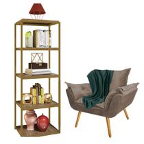 Kit Poltrona Fatte com Manta Soft Verde e Estante Livreiro Ferro Dourado MDF Castanho Suede Bege - Ahz Móveis