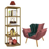 Kit Poltrona Fatte com Manta Soft Verde e Estante Livreiro Ferro Dourado MDF Castanho Suede Rose Gold - Ahazzo Móveis