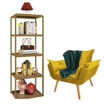 Kit Poltrona Fatte com Manta Soft Verde e Estante Livreiro Ferro Dourado MDF Freijó Suede Amarelo - Ahz Móveis