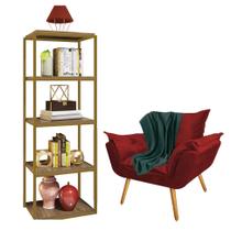 Kit Poltrona Fatte com Manta Soft Verde e Estante Livreiro Ferro Dourado MDF Freijó Suede Vermelho - Ahz Móveis