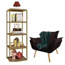 Kit Poltrona Fatte com Manta Soft Verde e Estante Livreiro Ferro Dourado MDF Imbuia Suede Marrom - Ahz Móveis