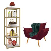 Kit Poltrona Fatte com Manta Soft Verde e Estante Livreiro Ferro Dourado MDF Marmorizado Cinza Suede Bordô - Ahazzo Móveis