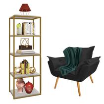 Kit Poltrona Fatte com Manta Soft Verde e Estante Livreiro Ferro Dourado MDF Marmorizado Cinza Suede Preto - Ahz Móveis