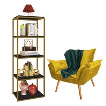 Kit Poltrona Fatte com Manta Soft Verde e Estante Livreiro Ferro Dourado MDF Preto Suede Amarelo - Ahazzo Móveis