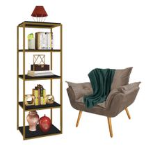 Kit Poltrona Fatte com Manta Soft Verde e Estante Livreiro Ferro Dourado MDF Preto Suede Bege - Ahz Móveis