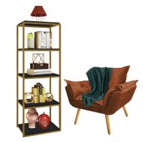 Kit Poltrona Fatte com Manta Soft Verde e Estante Livreiro Ferro Dourado MDF Preto Suede Terracota - Ahz Móveis