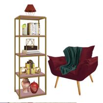 Kit Poltrona Fatte com Manta Soft Verde e Estante Livreiro Ferro Dourado MDF Rose Suede Bordô - Ahazzo Móveis