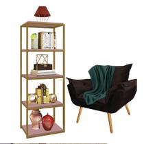 Kit Poltrona Fatte com Manta Soft Verde e Estante Livreiro Ferro Dourado MDF Rose Suede Marrom - Ahz Móveis