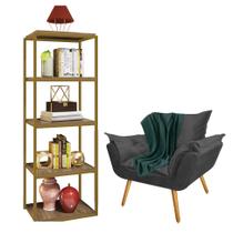 Kit Poltrona Fatte com Manta Soft Verde e Estante Livreiro Ferro Dourado MDF Rústico Suede Cinza - Ahz Móveis