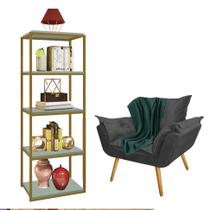 Kit Poltrona Fatte com Manta Soft Verde e Estante Livreiro Ferro Dourado MDF Verde Oliva Suede Cinza - Ahz Móveis