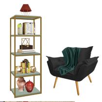 Kit Poltrona Fatte com Manta Soft Verde e Estante Livreiro Ferro Dourado MDF Verde Oliva Suede Preto - Ahazzo Móveis