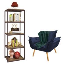 Kit Poltrona Fatte com Manta Soft Verde e Estante Livreiro Ferro Marrom MDF Caramelo Suede Azul Marinho - Ahz Móveis