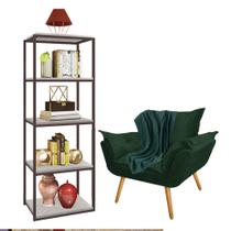 Kit Poltrona Fatte com Manta Soft Verde e Estante Livreiro Ferro Marrom MDF Marmorizado Cinza Suede Verde Musgo - Ahz Móveis