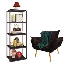 Kit Poltrona Fatte com Manta Soft Verde e Estante Livreiro Ferro Marrom MDF Preto Suede Marrom - Ahazzo Móveis