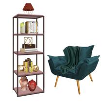 Kit Poltrona Fatte com Manta Soft Verde e Estante Livreiro Ferro Marrom MDF Rose Suede Azul Turquesa - Ahz Móveis