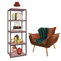 Kit Poltrona Fatte com Manta Soft Verde e Estante Livreiro Ferro Marrom MDF Rose Suede Terracota - Ahazzo Móveis