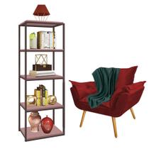 Kit Poltrona Fatte com Manta Soft Verde e Estante Livreiro Ferro Marrom MDF Rose Suede Vermelho - Ahz Móveis