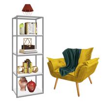 Kit Poltrona Fatte com Manta Soft Verde e Estante Livreiro Ferro Prata MDF Branco Suede Amarelo - Ahazzo Móveis