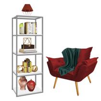 Kit Poltrona Fatte com Manta Soft Verde e Estante Livreiro Ferro Prata MDF Branco Suede Vermelho - Ahz Móveis