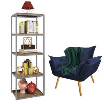 Kit Poltrona Fatte com Manta Soft Verde e Estante Livreiro Ferro Prata MDF Imbuia Suede Azul Marinho - Ahz Móveis