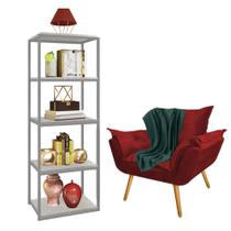 Kit Poltrona Fatte com Manta Soft Verde e Estante Livreiro Ferro Prata MDF Marmorizado Cinza Suede Vermelho - Ahz Móveis