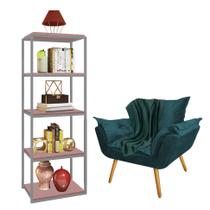 Kit Poltrona Fatte com Manta Soft Verde e Estante Livreiro Ferro Prata MDF Rose Suede Azul Turquesa - Ahazzo Móveis