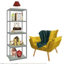 Kit Poltrona Fatte com Manta Soft Verde e Estante Livreiro Ferro Prata MDF Verde Oliva Suede Amarelo - Ahazzo Móveis