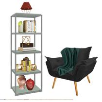 Kit Poltrona Fatte com Manta Soft Verde e Estante Livreiro Ferro Prata MDF Verde Oliva Suede Preto - Ahz Móveis