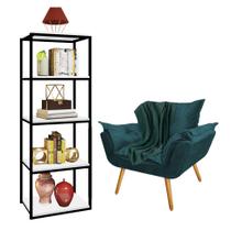 Kit Poltrona Fatte com Manta Soft Verde e Estante Livreiro Ferro Preto MDF Branco Suede Azul Turquesa - Ahazzo Móveis