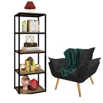 Kit Poltrona Fatte com Manta Soft Verde e Estante Livreiro Ferro Preto MDF Freijó Suede Preto - Ahz Móveis