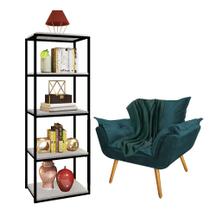 Kit Poltrona Fatte com Manta Soft Verde e Estante Livreiro Ferro Preto MDF Marmorizado Cinza Suede Azul Turquesa - Ahazzo Móveis